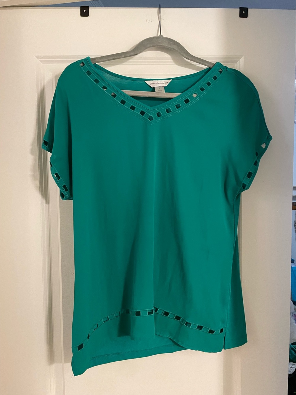 Christopher & Banks Teal Cutout V-Neck Short Sleeve Blouse